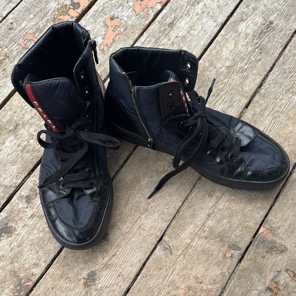 Prada Black High-Top Sneakers with Red Accents